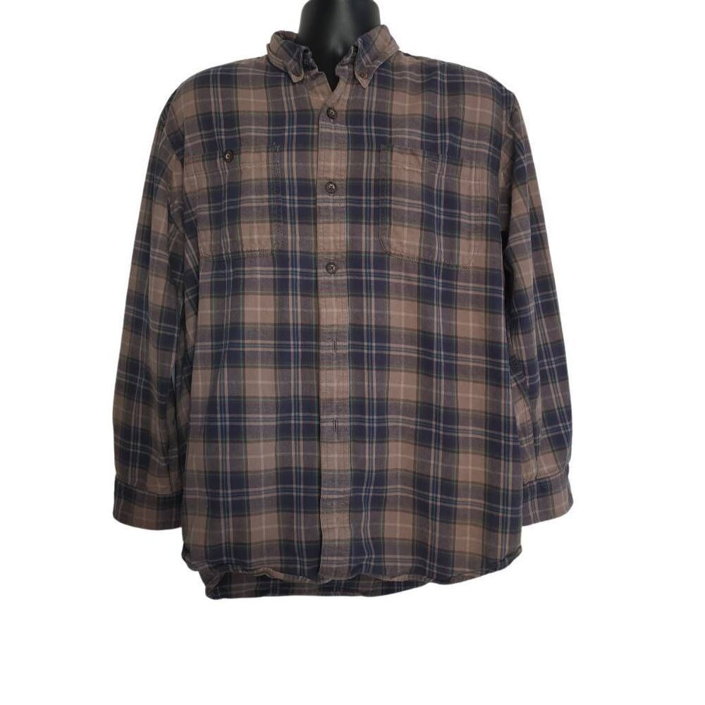 Duluth Trading Co Men's Size Large Brown Blue Plaid Flannel Button-Down Shirt